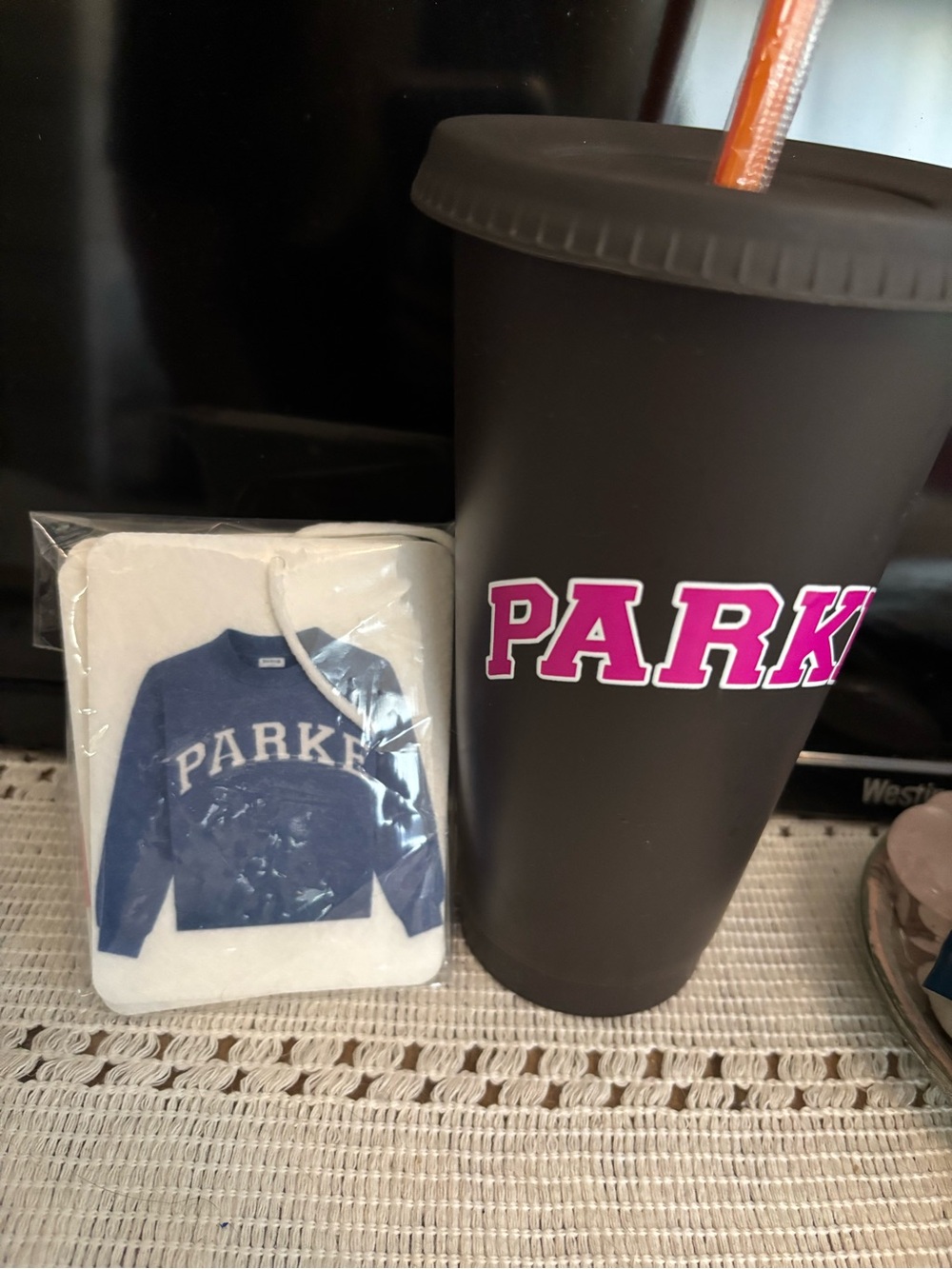 Parke Dunkin Tumbler with Bright Pink Logo and Blue Parke Car Freshener